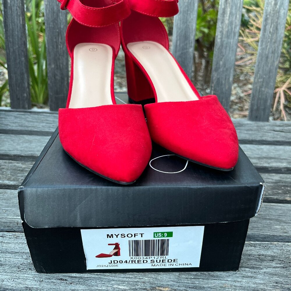 My Soft Women's Heel Ankle Strap Closed Toe New Red Chunky Shoes, Size 9 - Picture 2 of 15